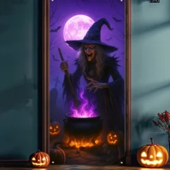 Halloween Door Cover Neon Witch over Cauldron Banner, Glowing Blacklight Entrance Decoration for Outdoor & Indoor 2025 Halloween Bedroom, Living Room, Bathroom