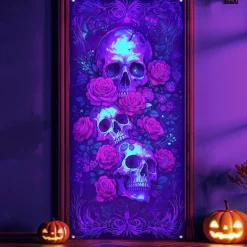 Halloween Door Cover Neon Skull and Roses Banner, Glowing Blacklight Entrance Decoration for Outdoor & Indoor 2025 Halloween Bedroom, Living Room, Bathroom