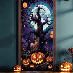 Halloween Door Cover Outdoor Banners Pumpkin Cemetery Psychedelic Dark Punk Gothic Style Party Outdoor Shooting Backgrounds Front Door Wall Porch Decorations Wall Door Background