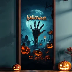 Halloween Door Cover Outdoor Banners Pumpkin Cemetery Psychedelic Dark Punk Gothic Style Party Outdoor Shooting Backgrounds Front Door Wall Porch Decorations Wall Door Background