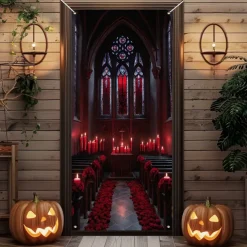 Halloween Door Cover Outdoor Banners Skeleton Church Psychedelic Dark Punk Gothic Style Party Outdoor Shooting Backgrounds Front Door Wall Porch Decorations Wall Door Background