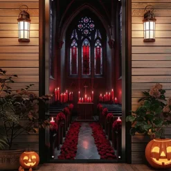 Halloween Door Cover Outdoor Banners Skeleton Church Psychedelic Dark Punk Gothic Style Party Outdoor Shooting Backgrounds Front Door Wall Porch Decorations Wall Door Background
