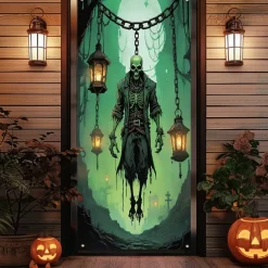 Halloween Door Cover Outdoor Banners Skeleton Pumpkin Psychedelic Dark Punk Gothic Style Party Outdoor Shooting Backgrounds Front Door Wall Porch Decorations Wall Door Background