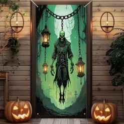 Halloween Door Cover Outdoor Banners Skeleton Pumpkin Psychedelic Dark Punk Gothic Style Party Outdoor Shooting Backgrounds Front Door Wall Porch Decorations Wall Door Background