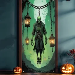 Halloween Door Cover Outdoor Banners Skeleton Pumpkin Psychedelic Dark Punk Gothic Style Party Outdoor Shooting Backgrounds Front Door Wall Porch Decorations Wall Door Background