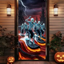 Halloween Door Cover Outdoor Banners Skeleton Pumpkin Psychedelic Dark Punk Gothic Style Party Outdoor Shooting Backgrounds Front Door Wall Porch Decorations Wall Door Background