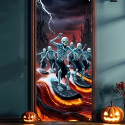 Halloween Door Cover Outdoor Banners Skeleton Pumpkin Psychedelic Dark Punk Gothic Style Party Outdoor Shooting Backgrounds Front Door Wall Porch Decorations Wall Door Background