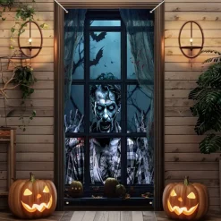 Halloween Door Cover Outdoor Banners Zombies 3D Psychedelic Party Outdoor Shooting Backgrounds Front Door Wall Porch Decorations Wall Door Background