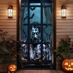 Halloween Door Cover Outdoor Banners Zombies 3D Psychedelic Party Outdoor Shooting Backgrounds Front Door Wall Porch Decorations Wall Door Background