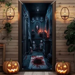 Halloween Door Cover Outdoor Banners Zombies 3D Psychedelic Party Outdoor Shooting Backgrounds Front Door Wall Porch Decorations Wall Door Background