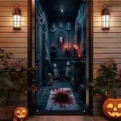 Halloween Door Cover Outdoor Banners Zombies 3D Psychedelic Party Outdoor Shooting Backgrounds Front Door Wall Porch Decorations Wall Door Background