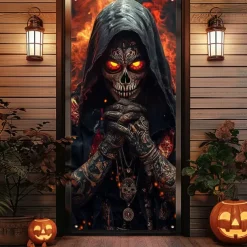 Halloween Door Cover Outdoor Banners Skeleton Grim Reaper Fantasy Psychedelic Party Outdoor Shooting Backgrounds Front Door Wall Porch Decorations Wall Door Background
