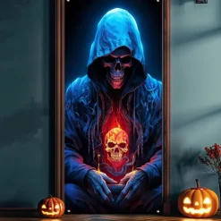 Halloween Door Cover Outdoor Banners Skeleton Grim Reaper Fantasy Psychedelic Party Outdoor Shooting Backgrounds Front Door Wall Porch Decorations Wall Door Background