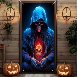 Halloween Door Cover Outdoor Banners Skeleton Grim Reaper Fantasy Psychedelic Party Outdoor Shooting Backgrounds Front Door Wall Porch Decorations Wall Door Background