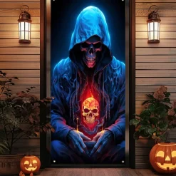 Halloween Door Cover Outdoor Banners Skeleton Grim Reaper Fantasy Psychedelic Party Outdoor Shooting Backgrounds Front Door Wall Porch Decorations Wall Door Background
