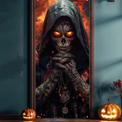 Halloween Door Cover Outdoor Banners Skeleton Grim Reaper Fantasy Psychedelic Party Outdoor Shooting Backgrounds Front Door Wall Porch Decorations Wall Door Background