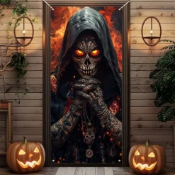 Halloween Door Cover Outdoor Banners Skeleton Grim Reaper Fantasy Psychedelic Party Outdoor Shooting Backgrounds Front Door Wall Porch Decorations Wall Door Background