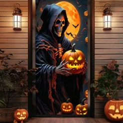 Halloween Door Cover Outdoor Banners Grim Reaper Pumpkin Psychedelic Dark Punk Gothic Style Party Outdoor Shooting Backgrounds Front Door Wall Porch Decorations Wall Door Background
