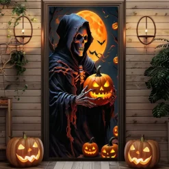 Halloween Door Cover Outdoor Banners Grim Reaper Pumpkin Psychedelic Dark Punk Gothic Style Party Outdoor Shooting Backgrounds Front Door Wall Porch Decorations Wall Door Background
