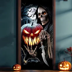 Halloween Door Cover Outdoor Banners Grim Reaper Pumpkin Psychedelic Dark Punk Gothic Style Party Outdoor Shooting Backgrounds Front Door Wall Porch Decorations Wall Door Background