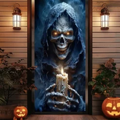 Halloween Door Cover Outdoor Banners Grim Reaper Pumpkin Psychedelic Dark Punk Gothic Style Party Outdoor Shooting Backgrounds Front Door Wall Porch Decorations Wall Door Background