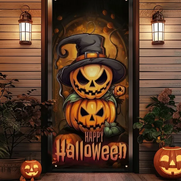 Halloween Door Cover Outdoor Banners Pumpkin Psychedelic Dark Punk Gothic Style Party Outdoor Shooting Backgrounds Front Door Wall Porch Decorations Wall Door Background