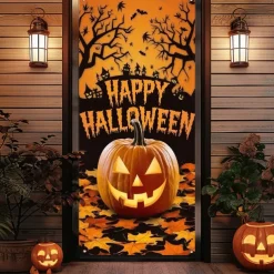 Halloween Door Cover Outdoor Banners Pumpkin Psychedelic Dark Punk Gothic Style Party Outdoor Shooting Backgrounds Front Door Wall Porch Decorations Wall Door Background