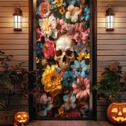 Halloween Door Cover Outdoor Banners Skeleton Flower Psychedelic Dark Punk Gothic Style Party Outdoor Shooting Backgrounds Front Door Wall Porch Decorations Wall Door Background