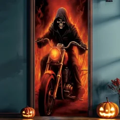 Halloween Door Covers Death Motorcycle Door Tapestry Door Curtain Decoration Backdrop Door Banner for Front Door Farmhouse Holiday Party Decor Supplies