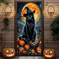 Halloween Door Covers Door Black Cat Tapestry Door Curtain Decoration Backdrop Door Banner for Front Door Farmhouse Holiday Party Indoor Outdoor Decor Supplies