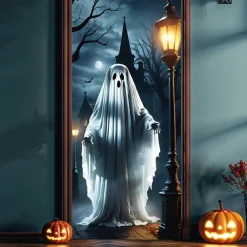 Halloween Door Covers Ghost Door Tapestry Door Curtain Decoration Backdrop Door Banner for Front Door Farmhouse Holiday Party Indoor Outdoor Decor Supplies