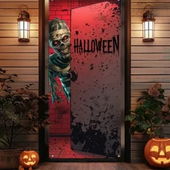 Halloween Door Covers Zombie Door Tapestry Door Curtain Decoration Backdrop Door Banner for Front Door Farmhouse Holiday Party Indoor Outdoor Decor Supplies