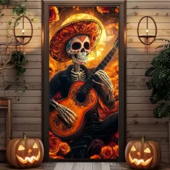 Halloween Door Decorations Door Covers Day of Dead Door Tapestry Door Curtain Decoration Backdrop Door Banner for Front Door Farmhouse Holiday Party Indoor Outdoor Decor Supplies