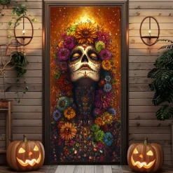Halloween Door Decorations Door Covers Day of Dead Door Tapestry Door Curtain Decoration Backdrop Door Banner for Front Door Farmhouse Holiday Party Indoor Outdoor Decor Supplies