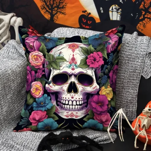 Halloween Double Side Pillow Cover 1PC Skull Day of Dead Soft Decorative Square Cushion Case Pillowcase for Bedroom Livingroom Sofa Couch Chair Decorations