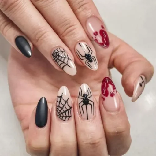 Halloween Fake Nail Snake Spider Pattern Almond False Nail Tip Full Cover Wearable French Fake Nail Patch Halloween Gifts
