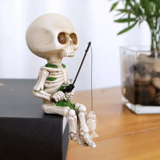 Halloween Fishing Skeleton Resin Figurine - Spooky Seated Skull Decoration for Indoor and Outdoor Haunted Atmosphere