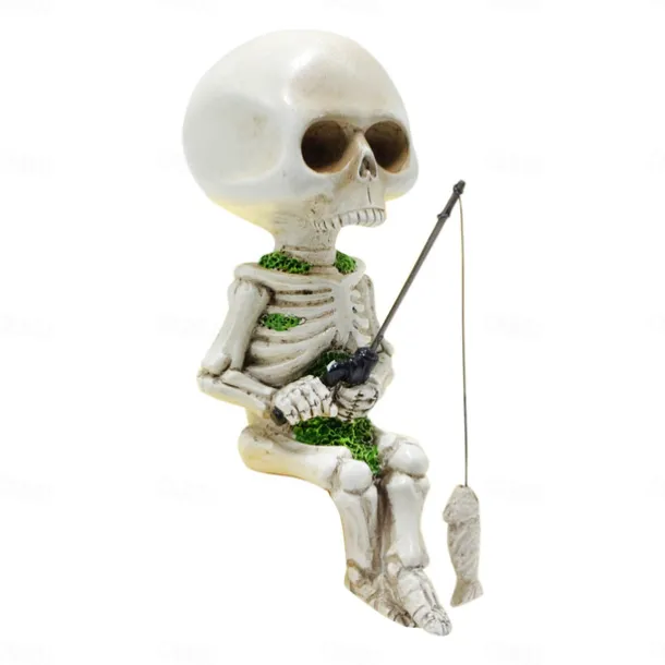 Halloween Fishing Skeleton Resin Figurine - Spooky Seated Skull Decoration for Indoor and Outdoor Haunted Atmosphere