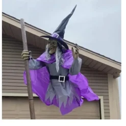 Halloween Flying Witch Decoration Scary Sounds Lights Outdoor Garden Yard Decor Large Hovering Witch Prop with Glowing Eyes Spooky Sounds
