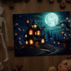 Halloween Full Moon Haunted Village LED Canvas Wall Art - Battery Operated Lighted Wall Decor for 2025 Halloween home decoration light livingroom and bedroom