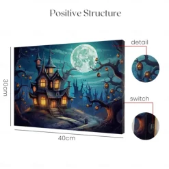 Halloween Full Moon Haunted Village LED Canvas Wall Art - Battery Operated Lighted Wall Decor for 2025 Halloween home decoration light livingroom and bedroom