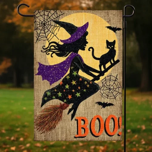 Halloween Garden Flag Banner – "Trick or Treat" Pumpkin with Witch's Broom, Double-Sided Weather-Resistant Yard Flag for 2025 Halloween Holiday Outdoor Lawn, Porch Decoration