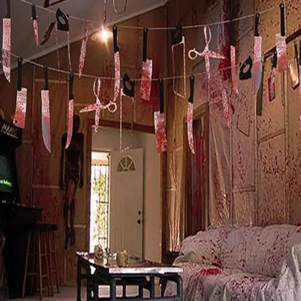Halloween Ghost House Terror Decoration Blood Knife Flag Pulling Blood Knife String Trick Insect Pendant Flag Pulling Party Atmosphere Decoration