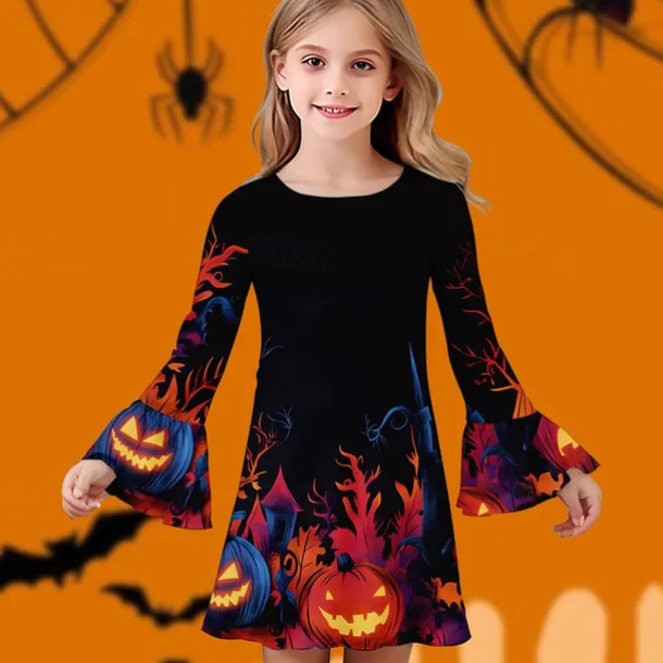 Halloween Girls' 3D Graphic Pumpkin Dress Ruffle Dress Long Sleeve Summer Spring Daily Holiday Vacation Beautiful Halloween Custome Kids 4-12 Years Casual Dress Knee-length Polyester Regular Fit