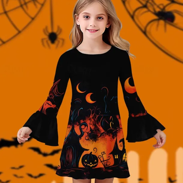 Halloween Girls' 3D Graphic Pumpkin Dress Ruffle Dress Long Sleeve Summer Spring Daily Holiday Vacation Beautiful Halloween Custome Kids 4-12 Years Casual Dress Knee-length Polyester Regular Fit