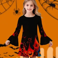 Halloween Girls' 3D Graphic Pumpkin Dress Ruffle Dress Long Sleeve Summer Spring Daily Holiday Vacation Beautiful Halloween Custome Kids 4-12 Years Casual Dress Knee-length Polyester Regular Fit