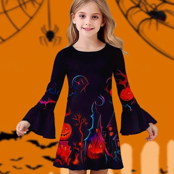 Halloween Girls' 3D Graphic Pumpkin Dress Ruffle Dress Long Sleeve Summer Spring Daily Holiday Vacation Beautiful Halloween Custome Kids 4-12 Years Casual Dress Knee-length Polyester Regular Fit