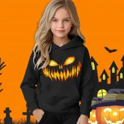 Halloween Girls' 3D Graphic Pumpkin Hoodie Long Sleeve Fall Winter Fashion Basic Polyester Kids 4-12 Years Hooded Outdoor Casual Daily Regular Fit