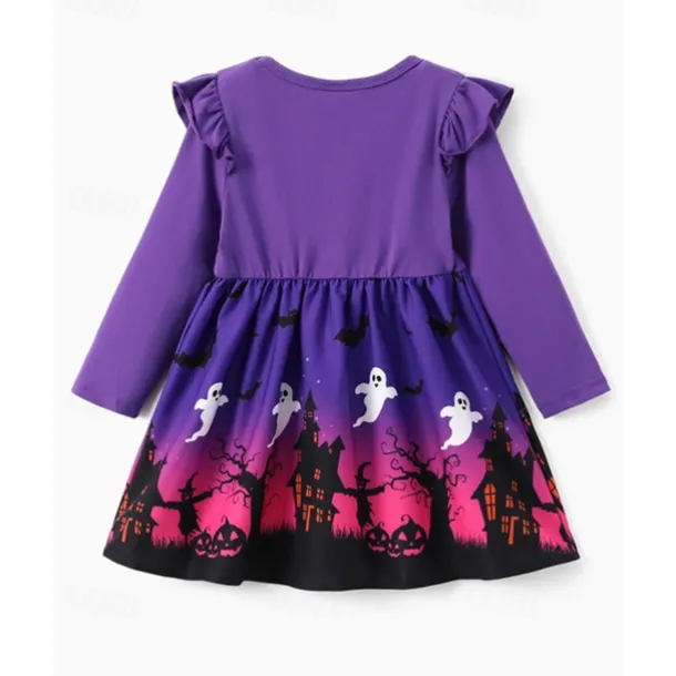 Halloween Girls' 3D Graphic Ghost Dress Ruffle Dress Long Sleeve Summer Spring Daily Holiday Vacation Princess Beautiful Sweet Kids 4-12 Years Casual Dress A Line Dress Knee-length Polyester Regular