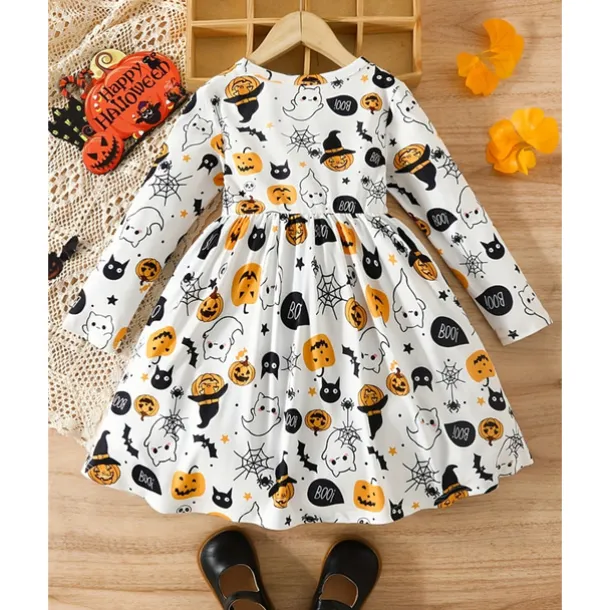 Halloween Girls' 3D Graphic Halloween pumpkin Dress Long Sleeve Spring Fall Daily Holiday Vacation Princess Beautiful Sweet Kids 4-12 Years Casual Dress A Line Dress Knee-length Polyester Regular Fit